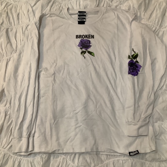 White Long Sleeve Shirt with Purple Graphic Roses - Picture 1 of 2